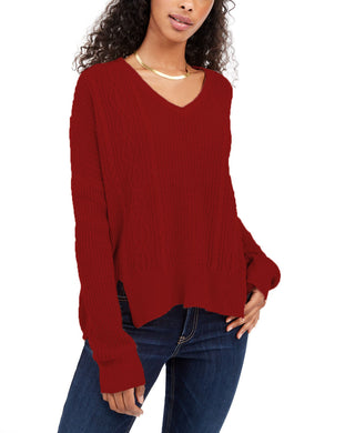 Ultra Flirt Juniors' V-Neck Cable-Knit Sweater Dark Red Size Large