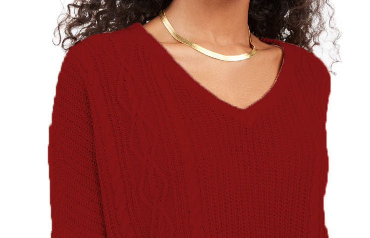 Ultra Flirt Juniors' V-Neck Cable-Knit Sweater Dark Red Size Large