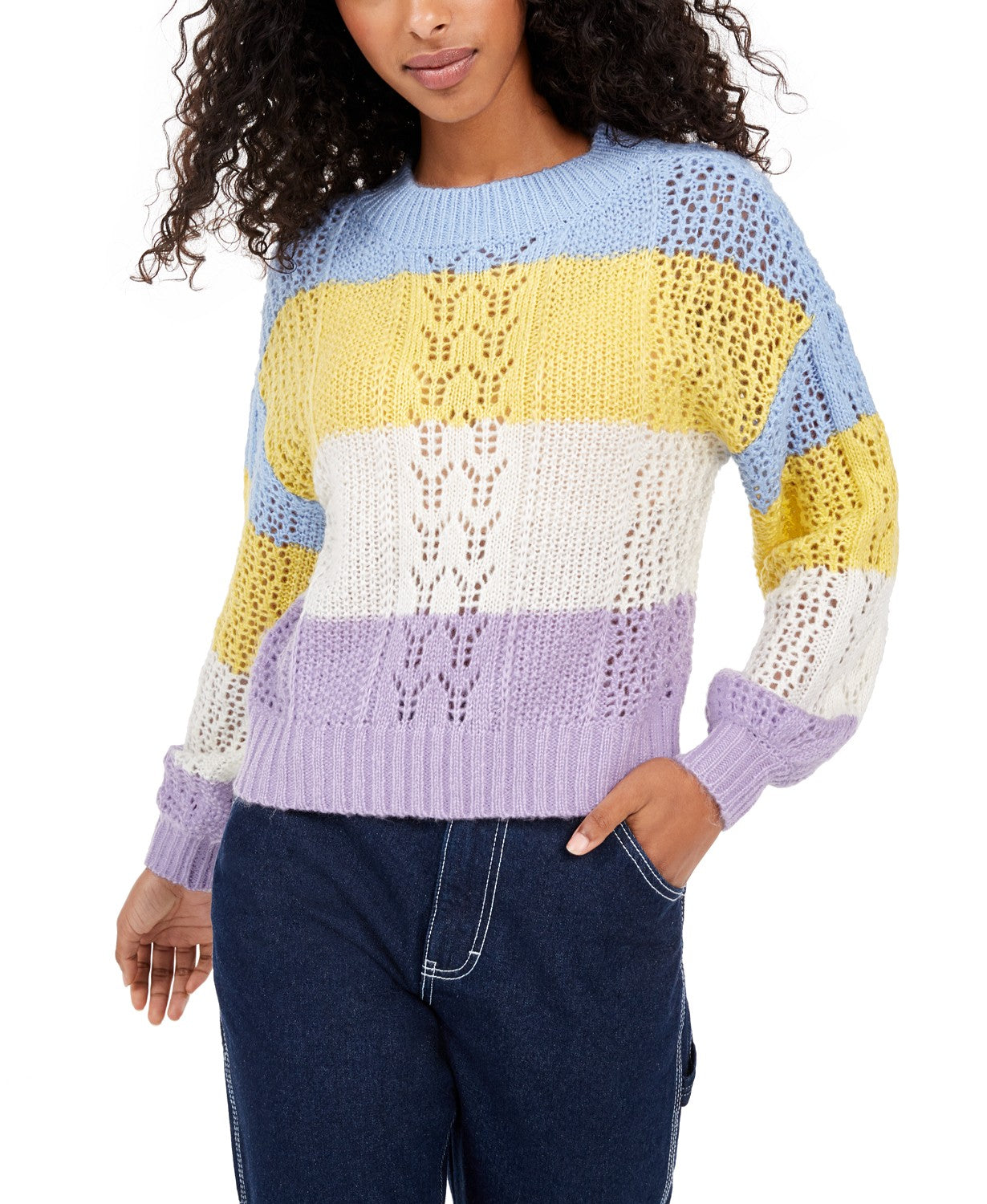 Ultra Flirt Juniors' Striped Balloon-Sleeve Sweater Blue Size Extra Large
