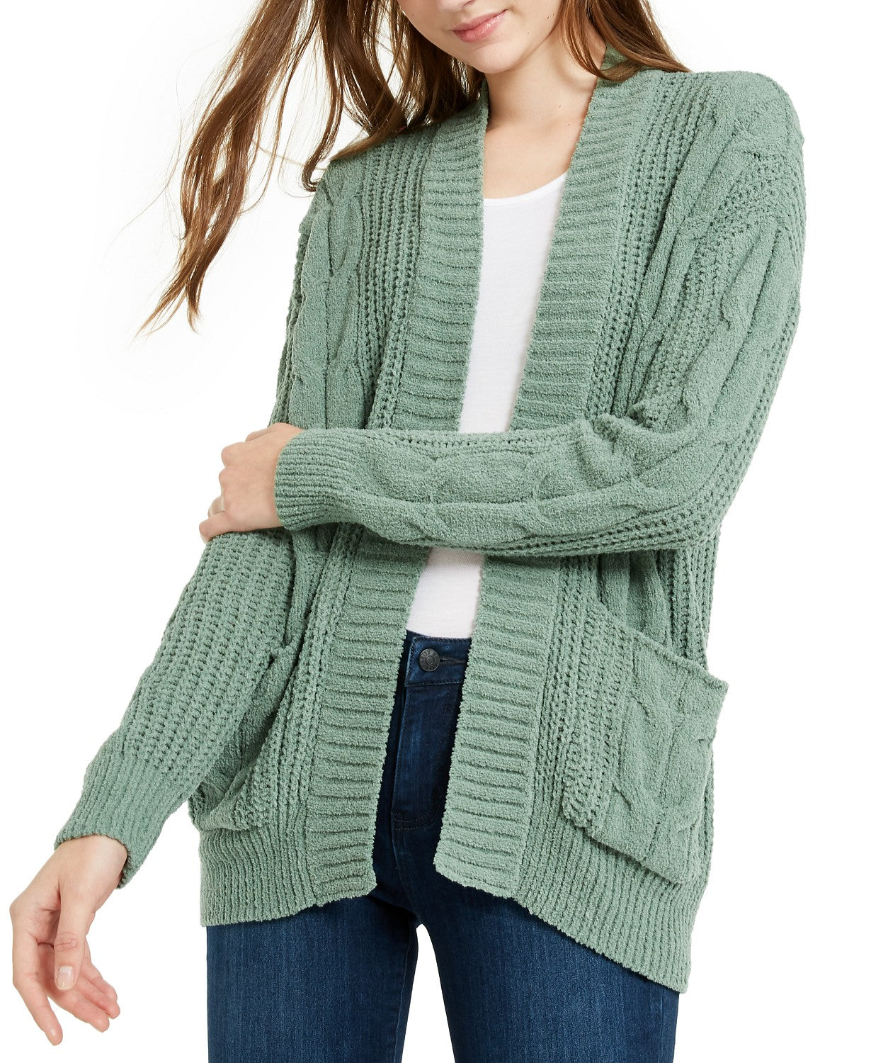 Ultra Flirt Juniors' Mixed-Knit Chenille Cardigan Green Size Medium