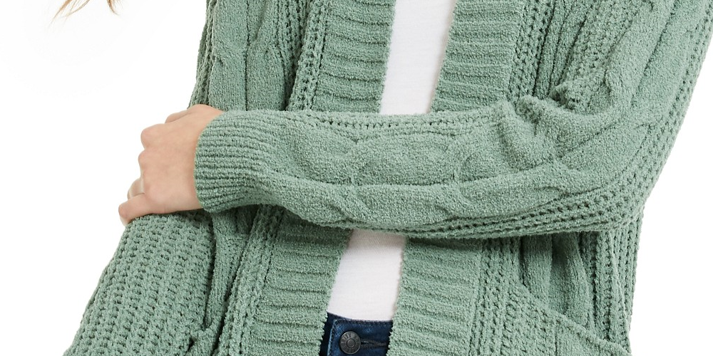 Ultra Flirt Juniors' Mixed-Knit Chenille Cardigan Green Size Medium