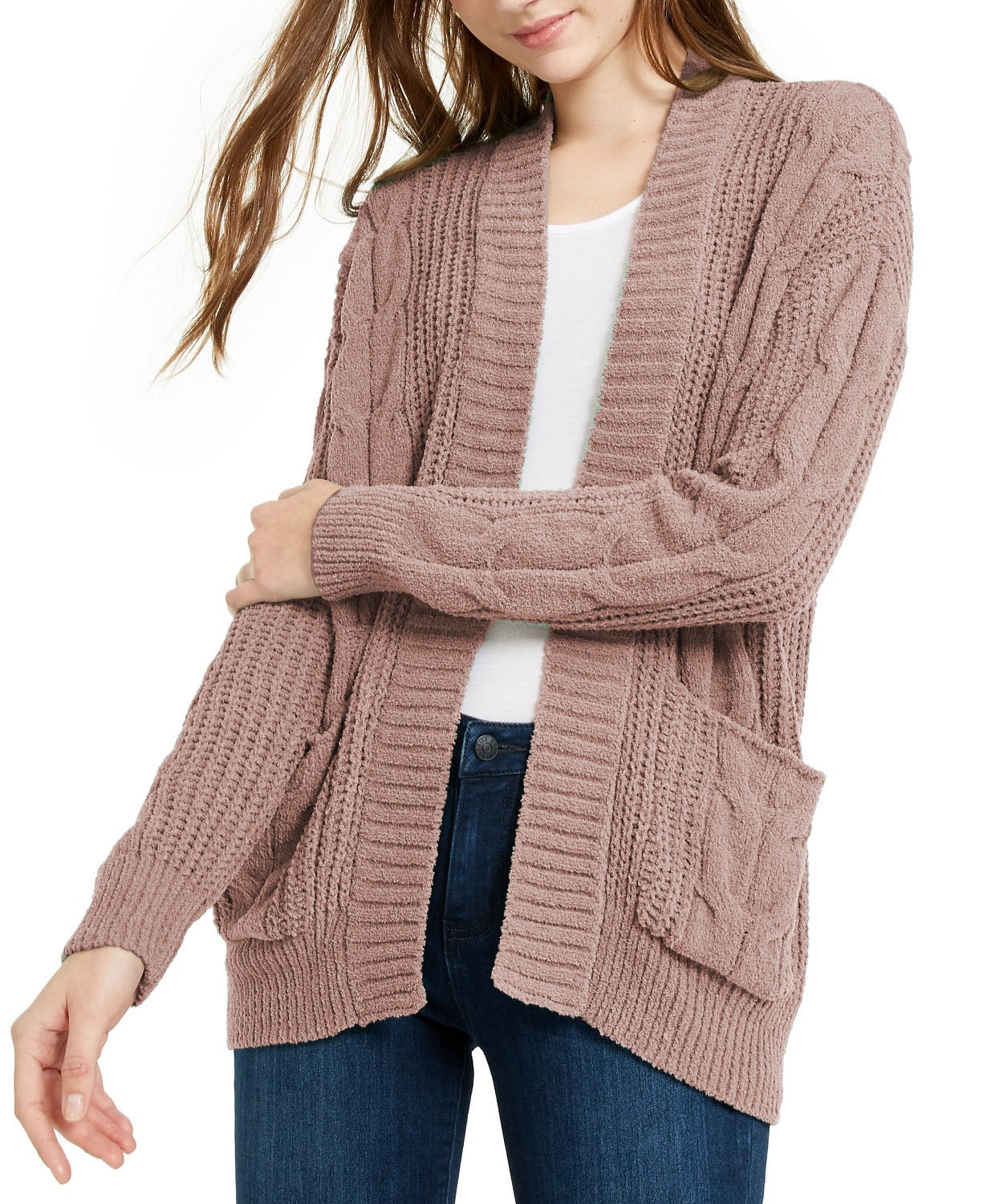Ultra Flirt Juniors' Mixed-Knit Chenille Cardigan Pink Size Small