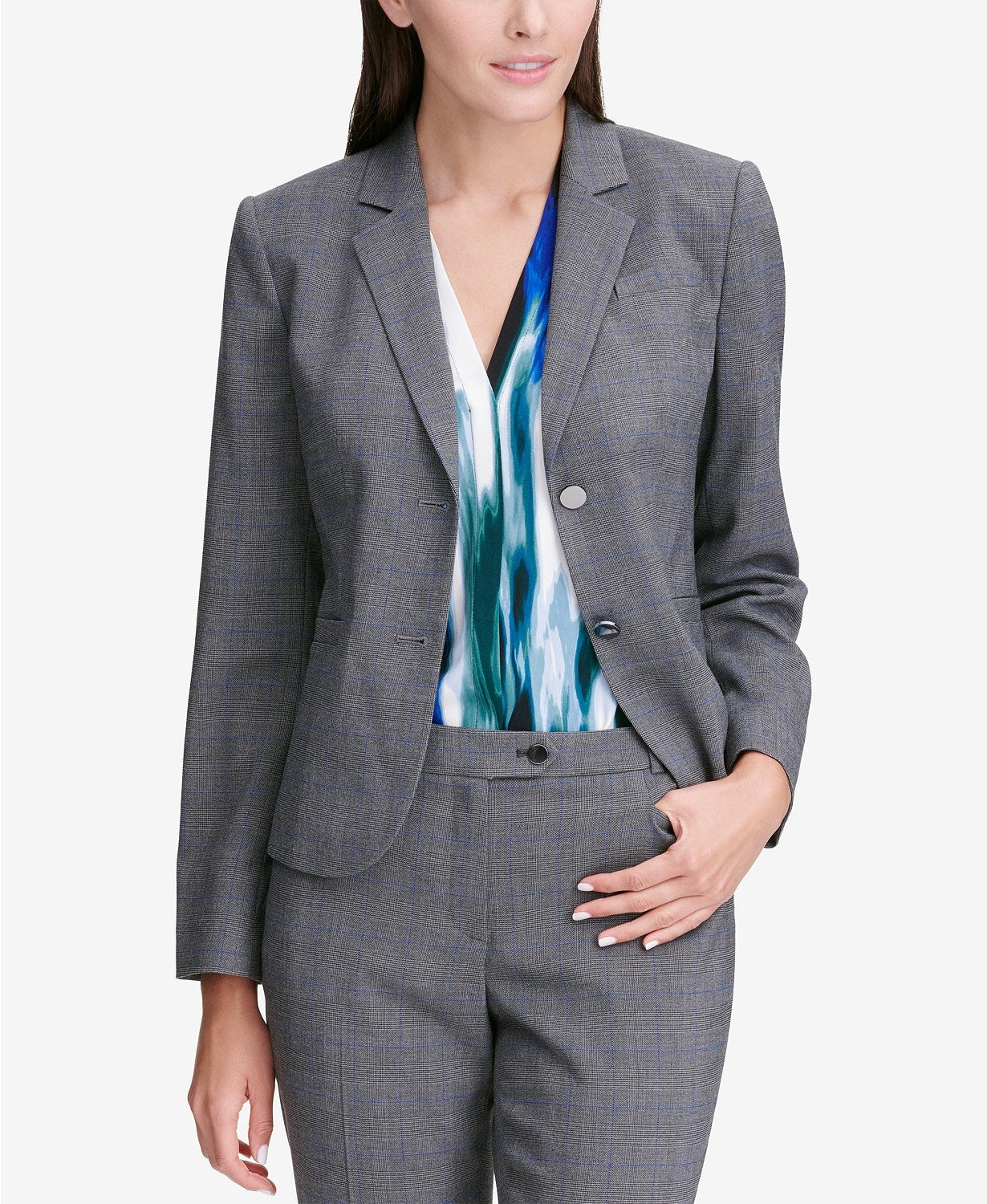 Calvin Klein Women's Glen Plaid Two-Button Jacket Gray Size 16