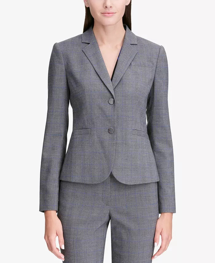 Calvin Klein Women's Glen Plaid Two-Button Jacket Silver Size 14