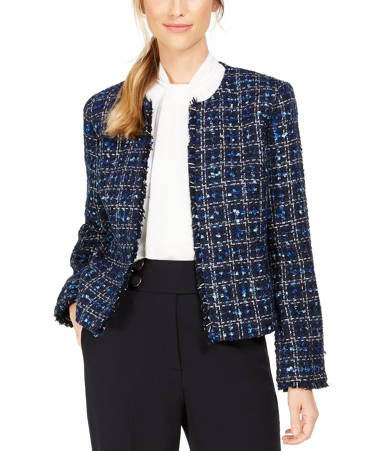 Calvin Klein Women's Tweed Frayed-Edge Jacket Blue Size 16