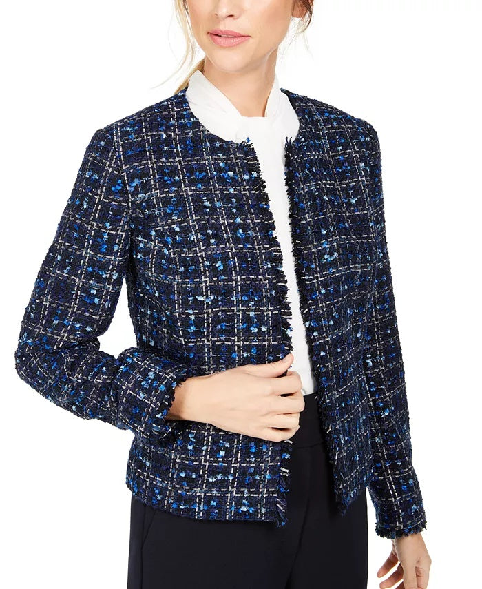 Calvin Klein Women's Tweed Frayed-Edge Jacket Blue Size 16