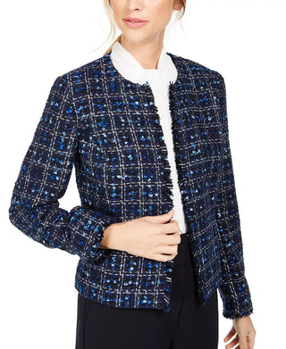 Calvin Klein Women's Tweed Frayed-Edge Jacket Blue Size 16