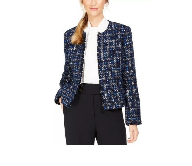 Calvin Klein Women's Tweed Frayed Edge Jacket Blue Size 6