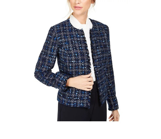 Calvin Klein Women's Tweed Frayed Edge Jacket Blue Size 6