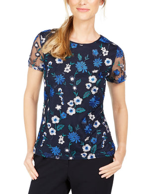 Calvin Klein Women's Floral Embroidered Mesh Top Blue Size Extra LARGE