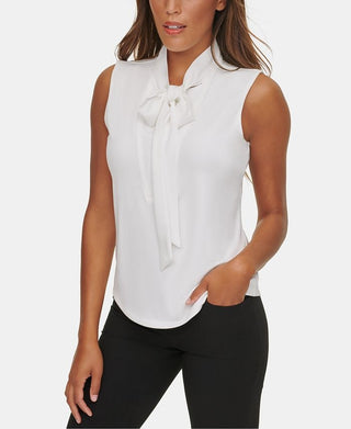 Calvin Klein Women's Tie-Neck Sleeveless Blouse White Size Large
