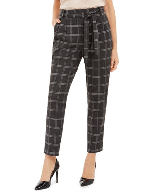 Calvin Klein Women's Plaid Tie Waist Slim Fit Pants Silver Size 12