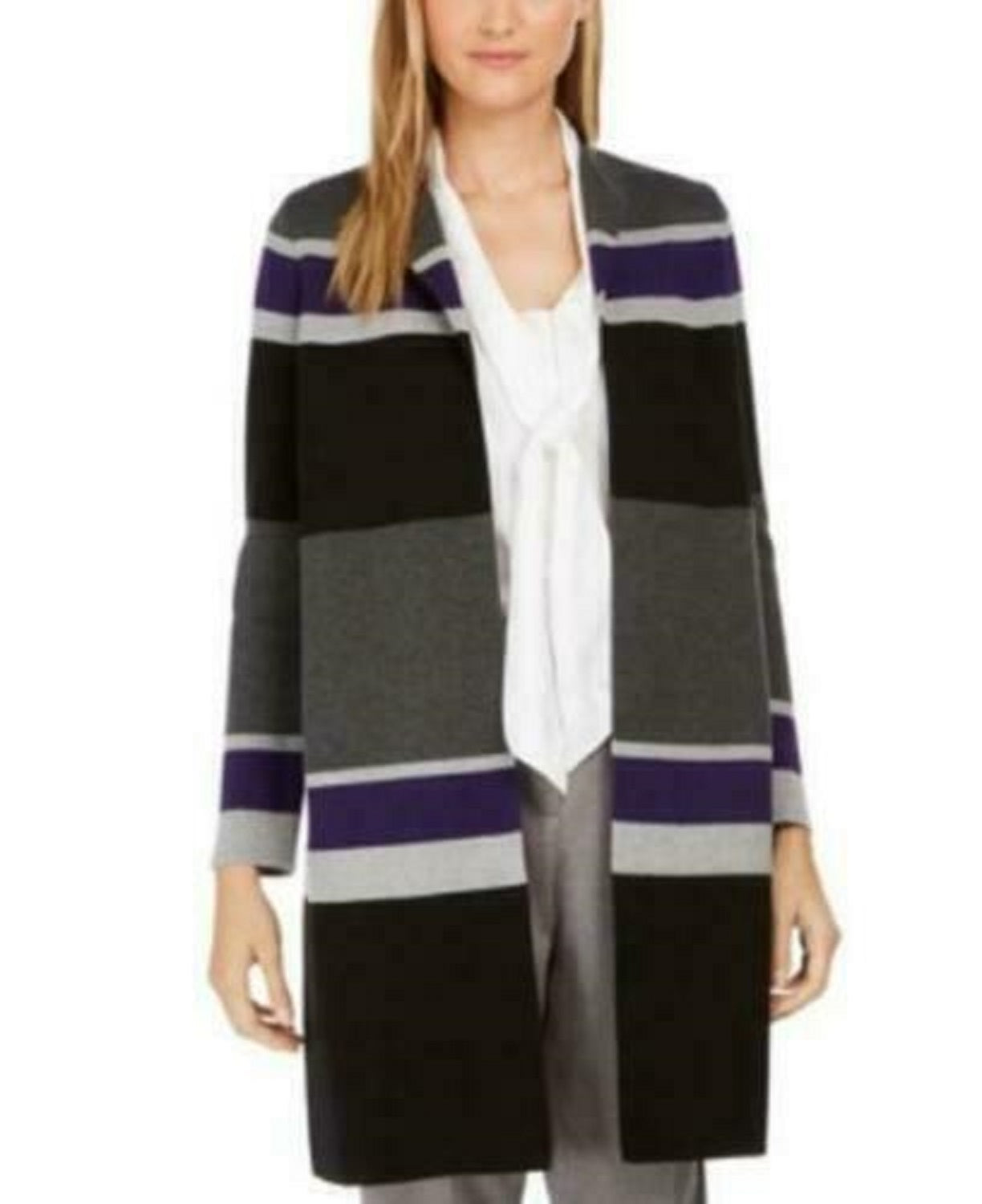 Calvin Klein Women's Striped Open-Front Cardigan Gray Size Medium