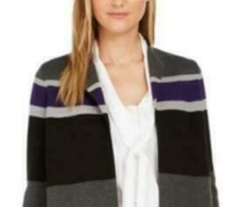Calvin Klein Women's Striped Open-Front Cardigan Gray Size Small