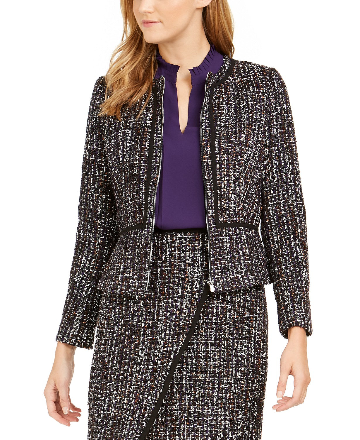 Calvin Klein Women's Tweed Zip-Front Collarless Jacket Black Size 14