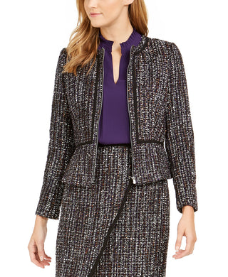 Calvin Klein Women's Tweed Zip-Front Collarless Jacket Black Size 14