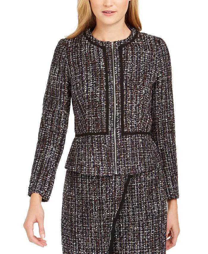 Calvin Klein Women's Tweed Zip-Front Collarless Jacket Black Size 14