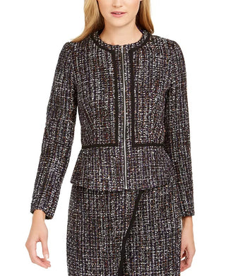 Calvin Klein Women's Tweed Zip-Front Collarless Jacket Black Size 14
