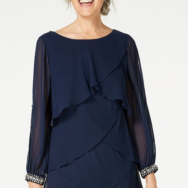 Sl Fashions Women's Long-Sleeve Tiered Chiffon Dress Blue Size 10