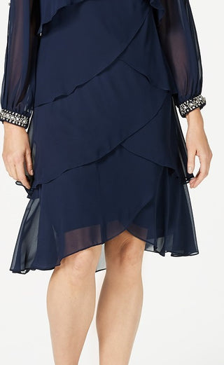 Sl Fashions Women's Long-Sleeve Tiered Chiffon Dress Blue Size 10