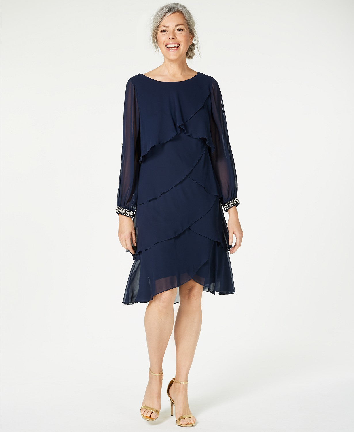 S.L. Fashions Women's Long-Sleeve Tiered Chiffon Dress Navy Size 18