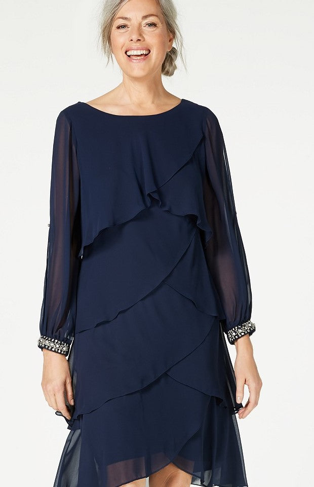 S.L. Fashions Women's Long-Sleeve Tiered Chiffon Dress Navy Size 18