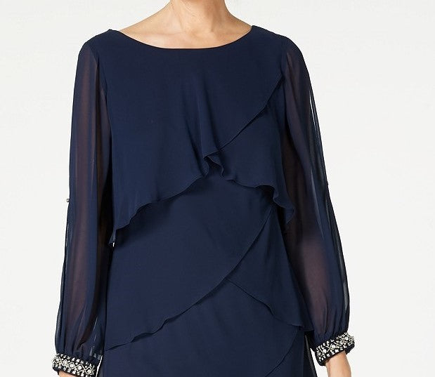 S.L. Fashions Women's Long-Sleeve Tiered Chiffon Dress Navy Size 18