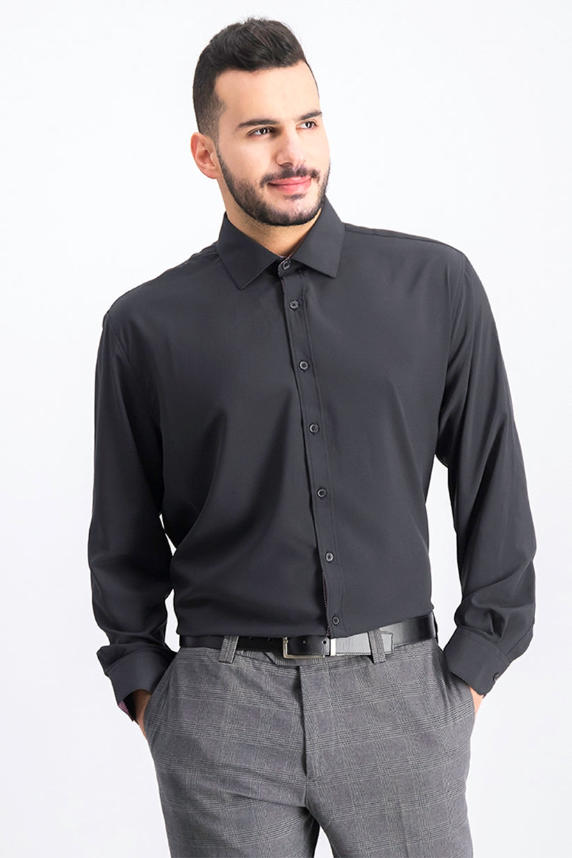 Society Of Threads Men's Slim-Fit Performance Stretch Solid Dress Shirt Black Size Small