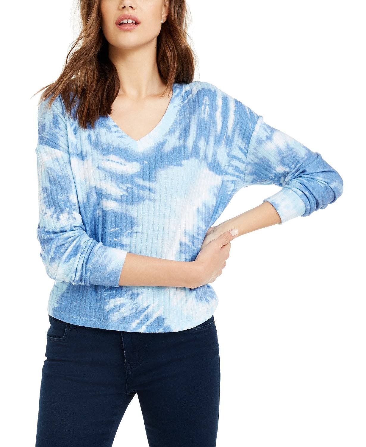 Crave Fame Juniors' Cozy Ribbed Tie-Dyed Top Blue Size Medium