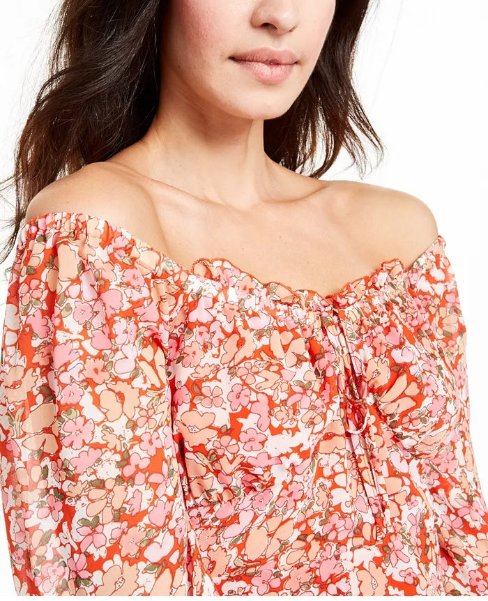 Q & A Women's Floral-Print Off-The-Shoulder Top Red Size Medium