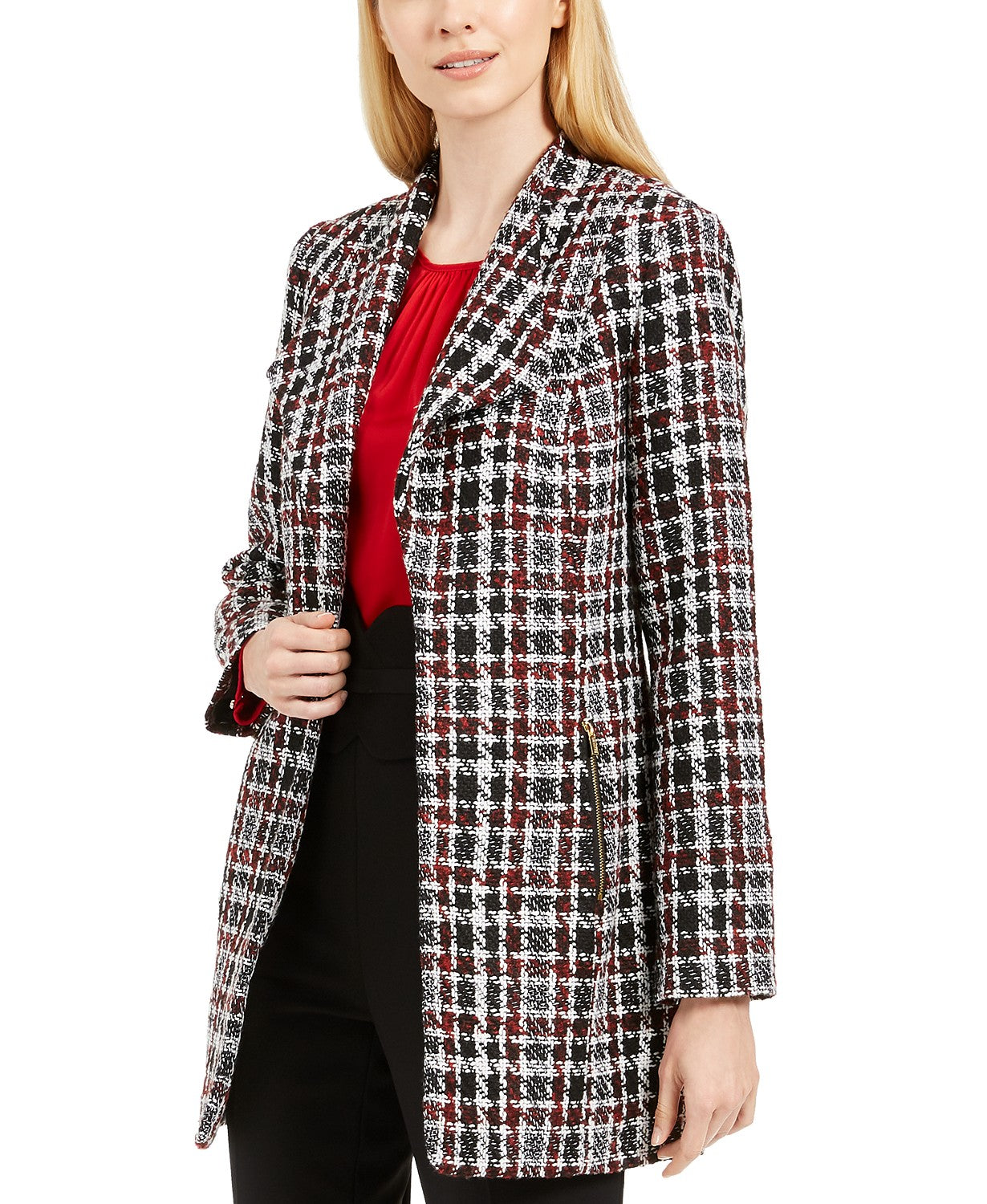 Calvin Klein Women's Petite Tweed Plaid Topper Jacket Red Size 8