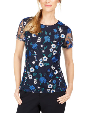 Calvin Klein Women's Petite Floral-Embroidered Top Blue Size Petite XS