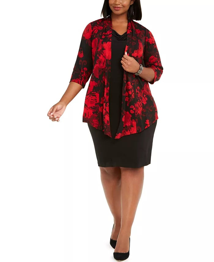 Connected Women's Plus Printed Jacket Dress Red Size Petite Small