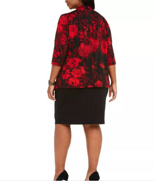 Connected Women's Plus Printed Jacket Dress Red Size Petite Small
