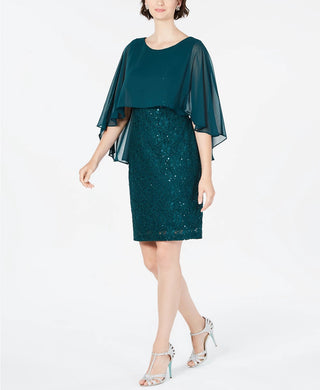 Connected Women's Petite Cape-Overlay Dress Dark Green Size 10 P