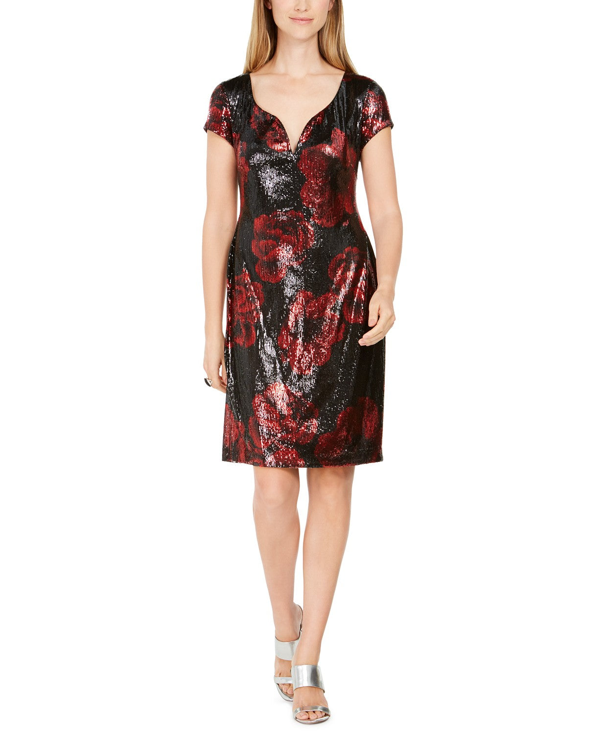 Connected Women's Sequined Floral-Print Dress Red Size 12