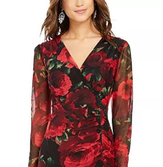 Connected Women's Long-Sleeve Mush Ruched Midi Dress Red Size 14