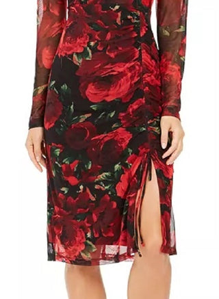 Connected Women's Long-Sleeve Mush Ruched Midi Dress Red Size 14