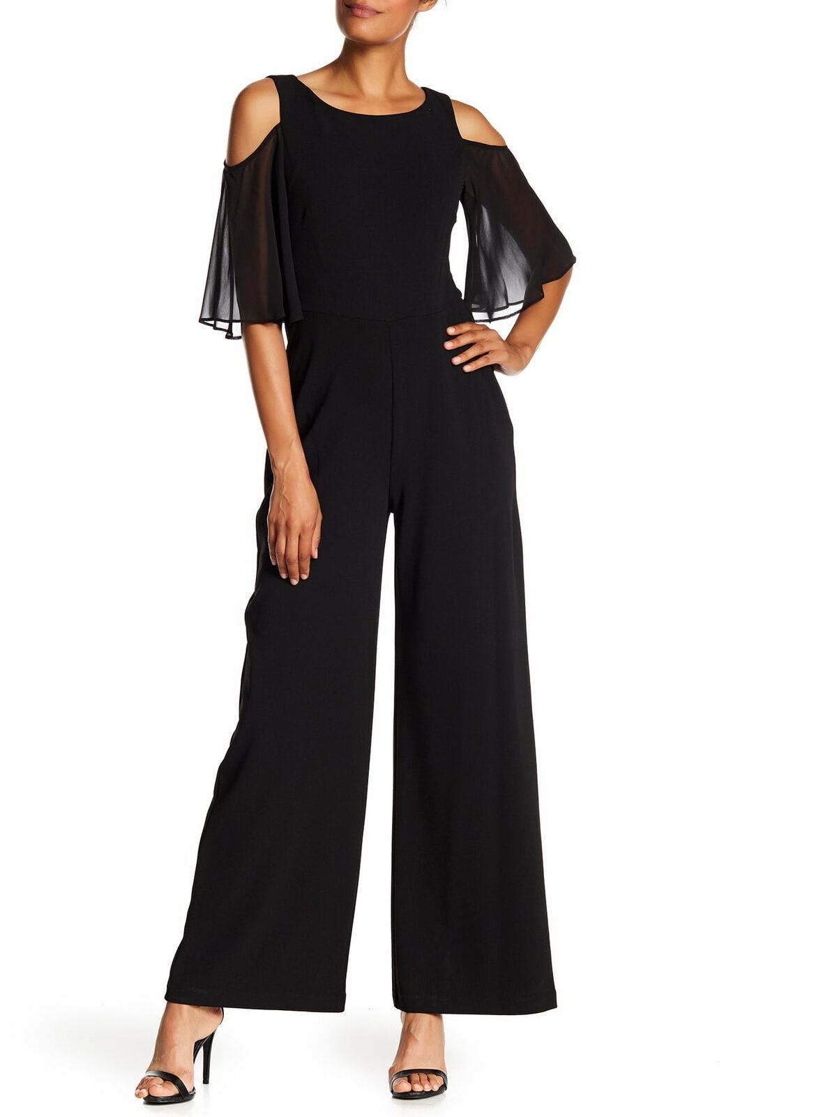 Connected Women's Jumpsuit Cold-Shoulder Chiffon Black Size 16