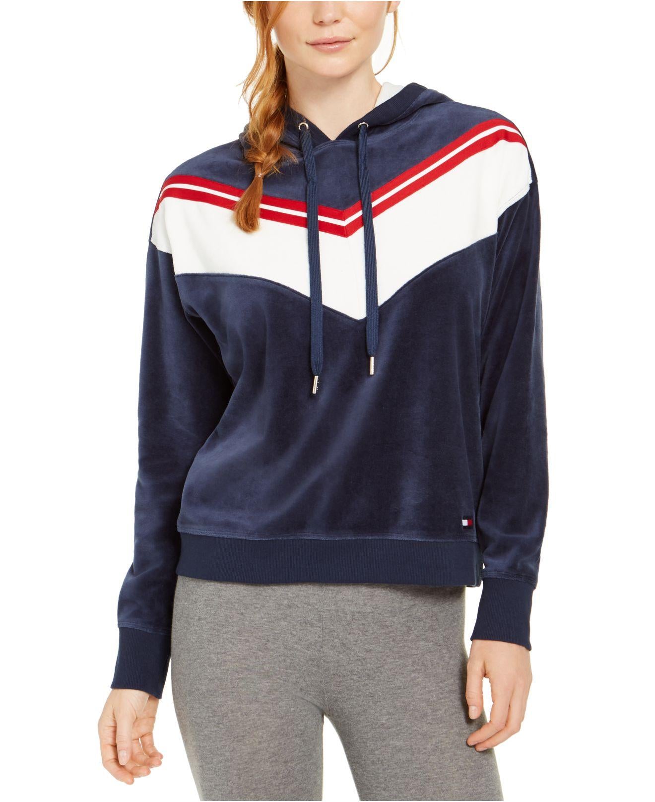 Tommy Hilfiger Women's Sport Velour Chevron Pullover Hoodie Blue Size Large