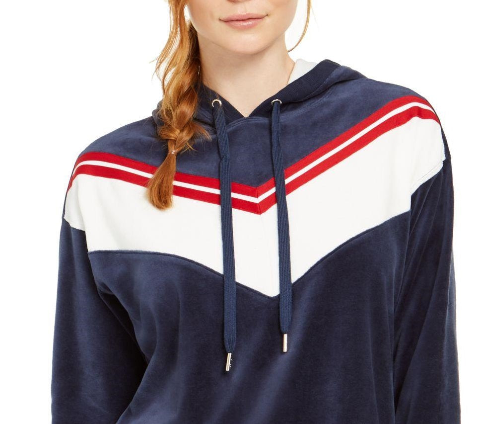 Tommy Hilfiger Women's Sport Velour Chevron Pullover Hoodie Blue Size Large