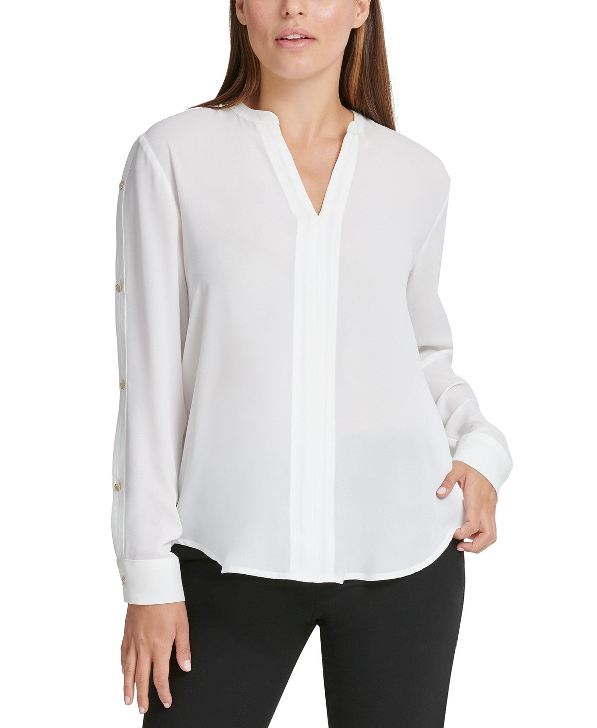 DKNY Women's Buttoned-Sleeve Pleated-Placket Top White Size Medium