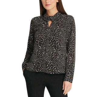 DKNY Women's Confetti-Print Twist-Neck Top Dark Gray Size M