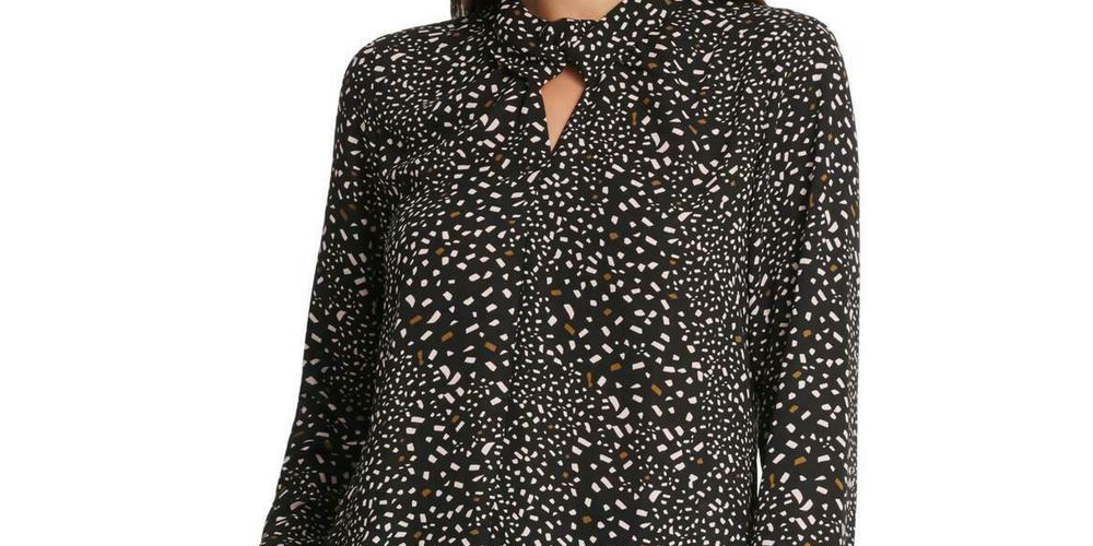 DKNY Women's Confetti-Print Twist-Neck Top Dark Gray Size M