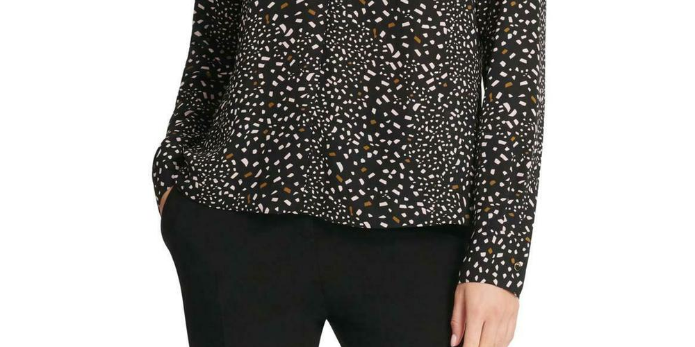 DKNY Women's Confetti-Print Twist-Neck Top Dark Gray Size M