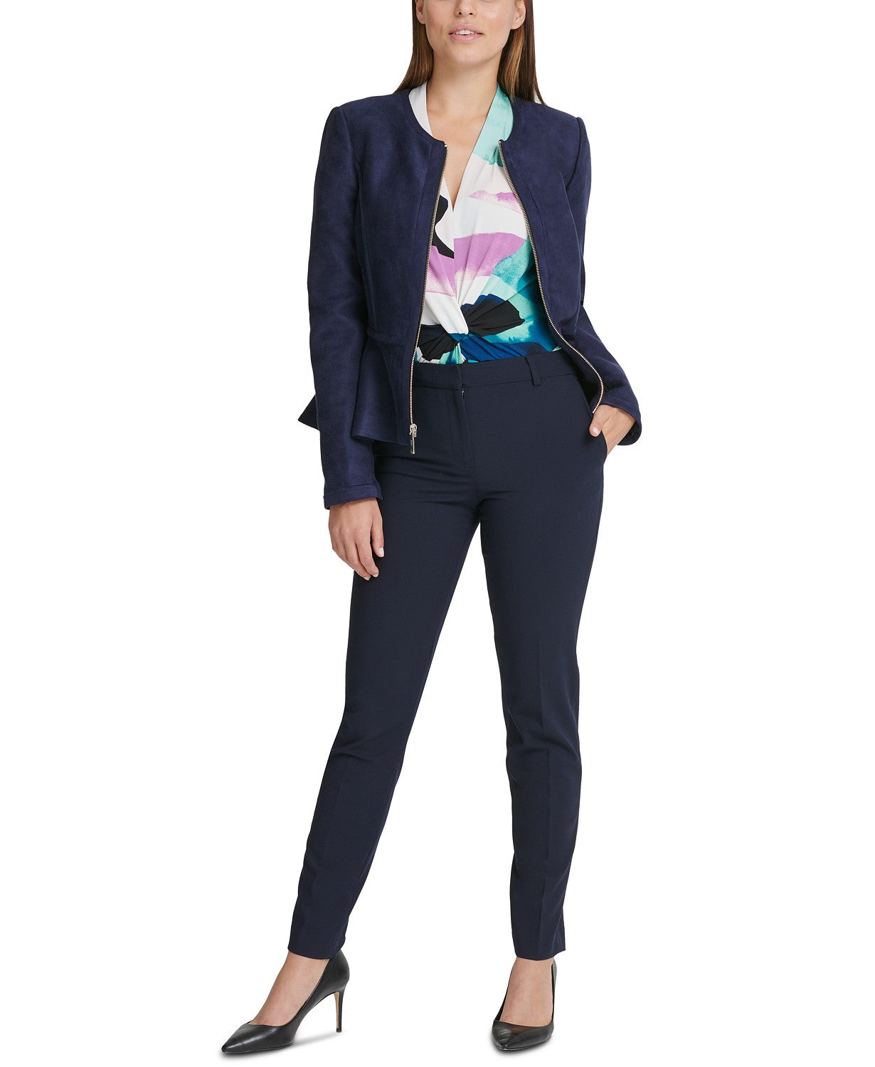 DKNY Women's Faux-Suede Zip-Front Peplum Jacket Navy Size 14