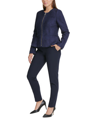 DKNY Women's Faux-Suede Zip-Front Peplum Jacket Navy Size 14