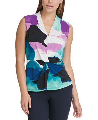 DKNY Women's V-Neck Knotted Twist Top Black Size Large