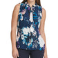 DKNY Floral Women's Tie-Neck Pleated Top Blue Size Large