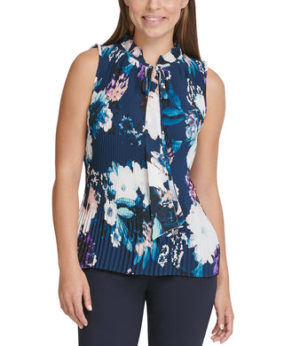 DKNY Floral Women's Tie-Neck Pleated Top Blue Size Large